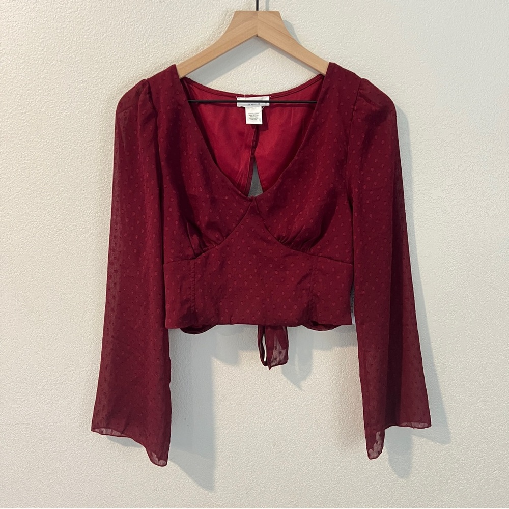 Kirious LA Burgundy Swiss Dot Chiffon Bell Sleeve Tie Back Cutout Crop Top L